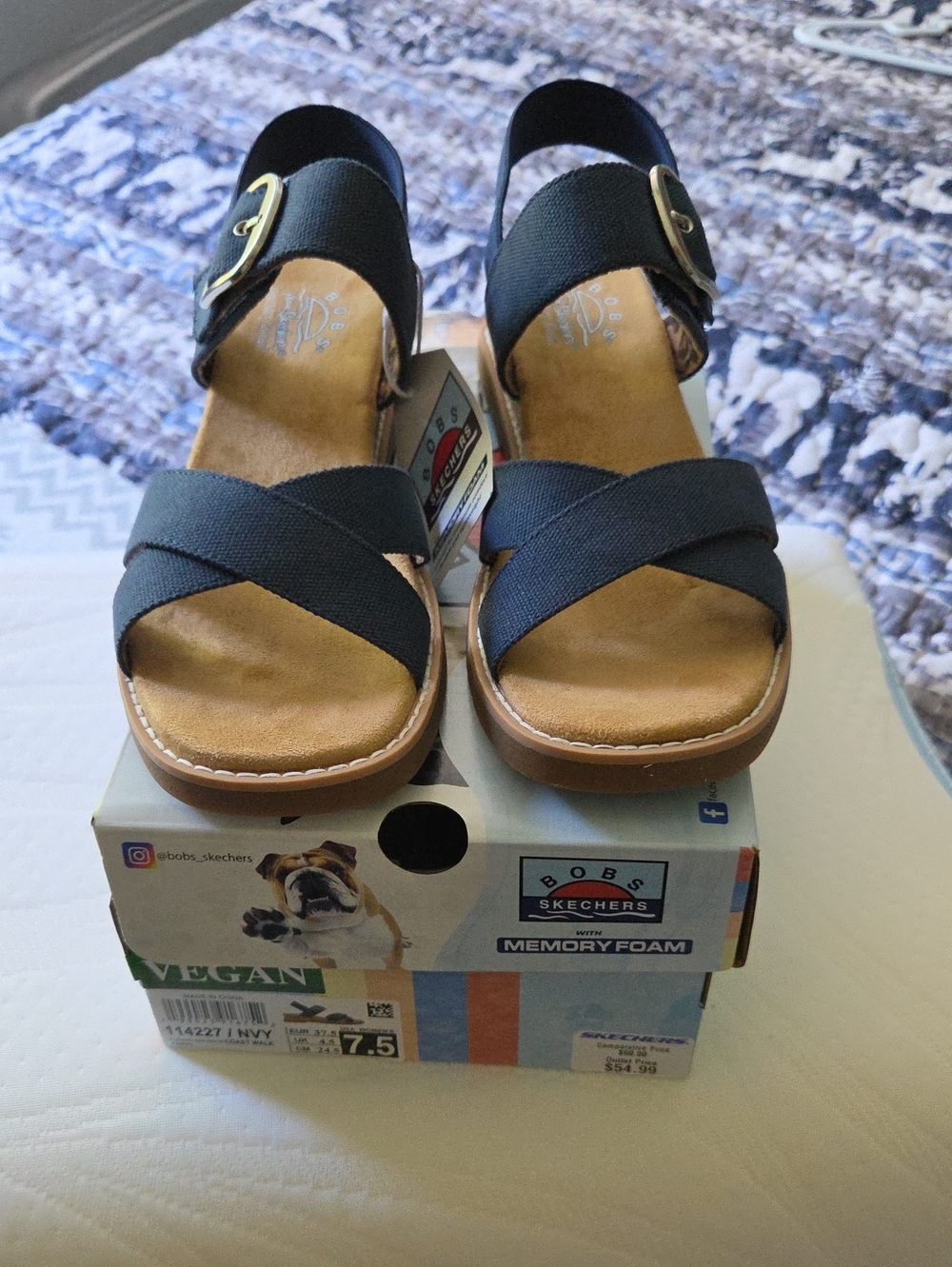 Bobs Skecher Coast Walk Memory Foam Blue Canvas Sandal Womens Size 7.5